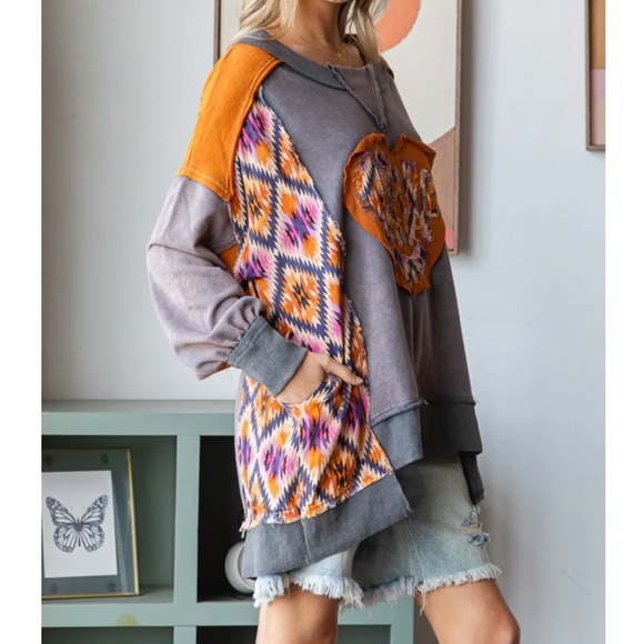 Oli & Hali Mineral Wash Tie Dye Love Patchwork Sweater Top - Picture 5 of 7